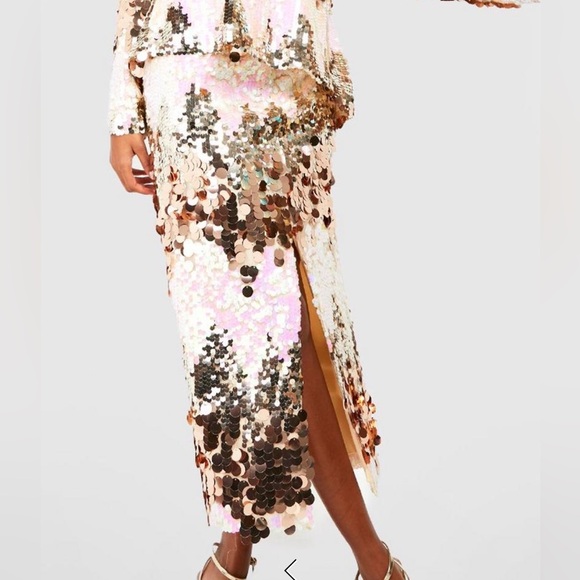 Gold / White Iridescent Sequin Midi Skirt - Picture 4 of 6